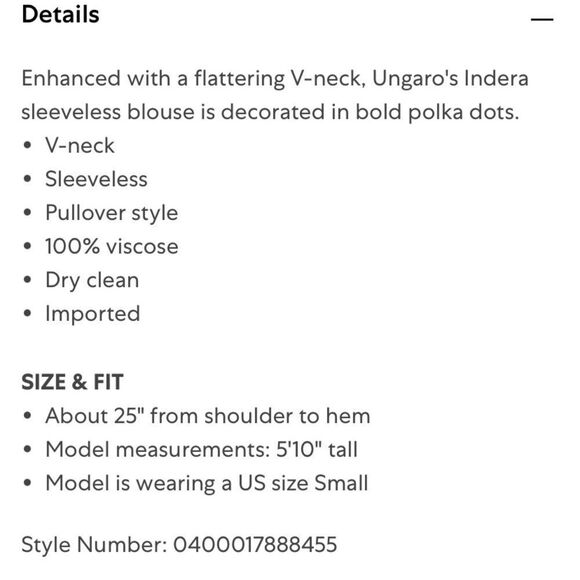 UNGARO Blouse Indera Polka Dot V Neck Sleeveless Pleated Top Size M - Picture 5 of 6